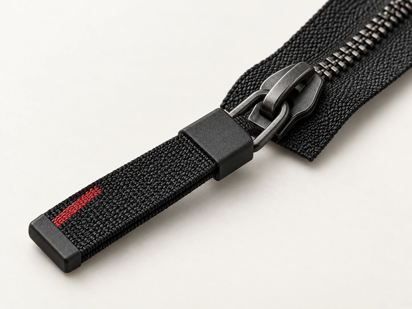 A dark zipper pull with black webbing, a red accent and a metal connection.