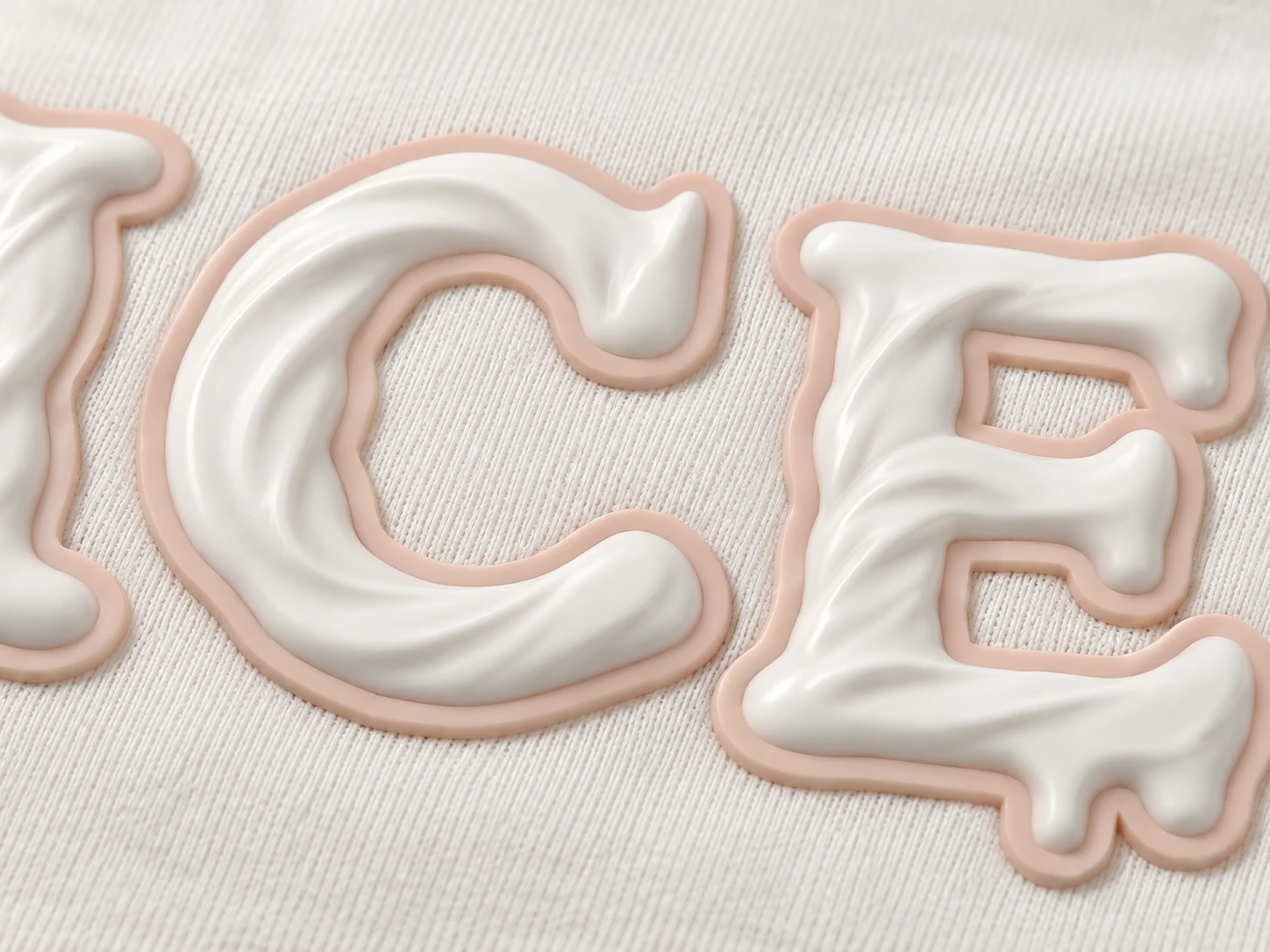Cream and blush silicone lettering with sculpted relief on ivory fabric.
