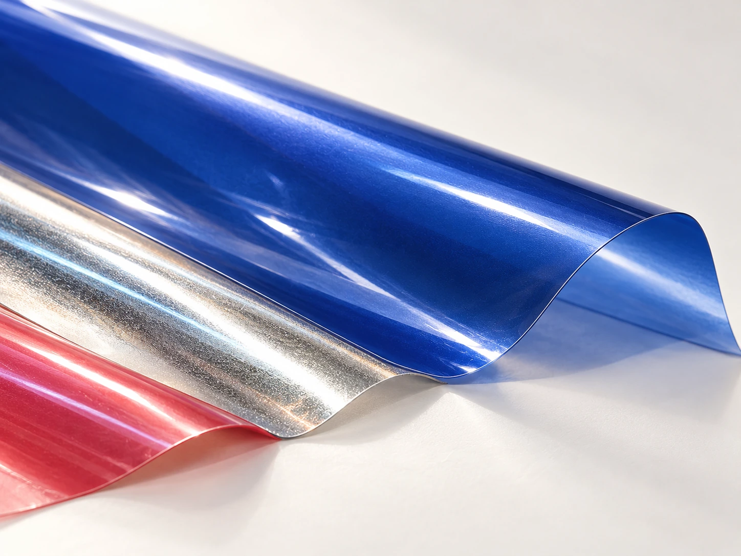 Blue, silver and red decorative film samples with thin curved edges.