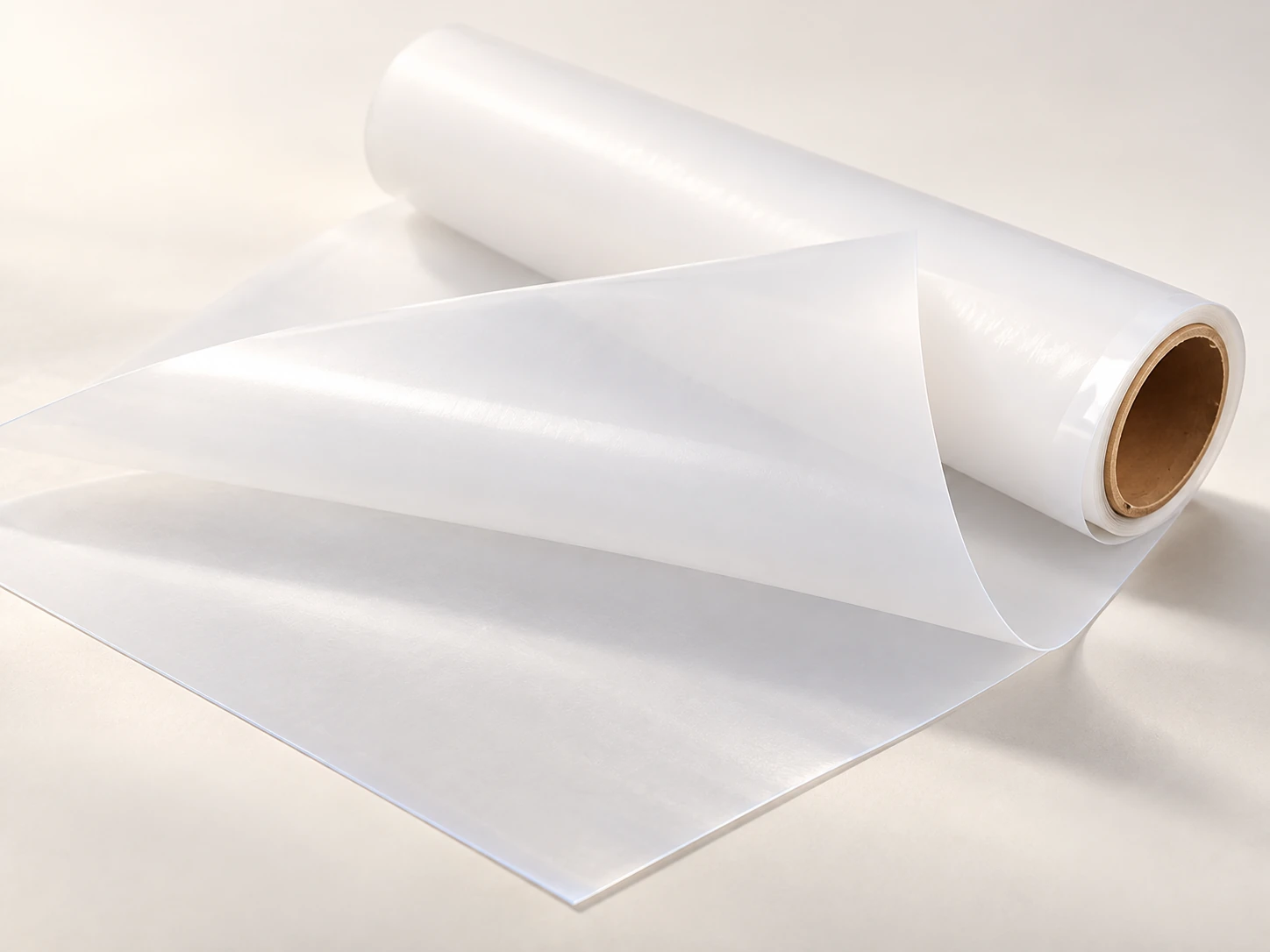 A milky translucent film roll with its sheet gently unfurled.