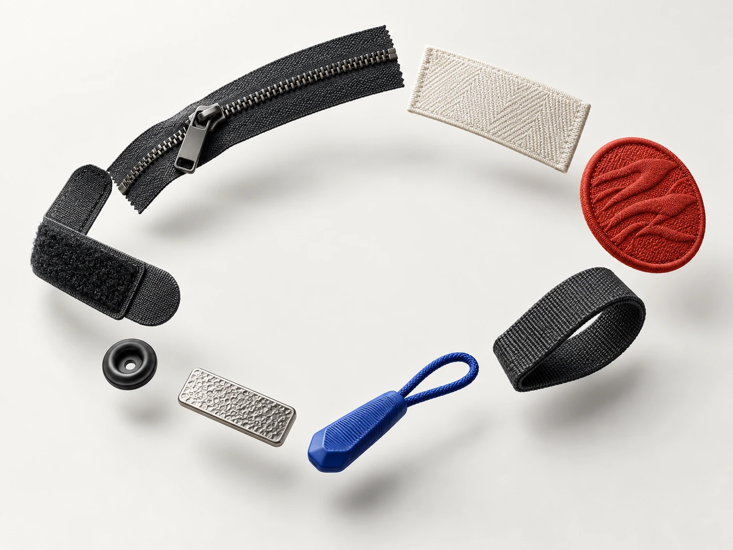 Labels, patches and garment accessories arranged in an open orbit.